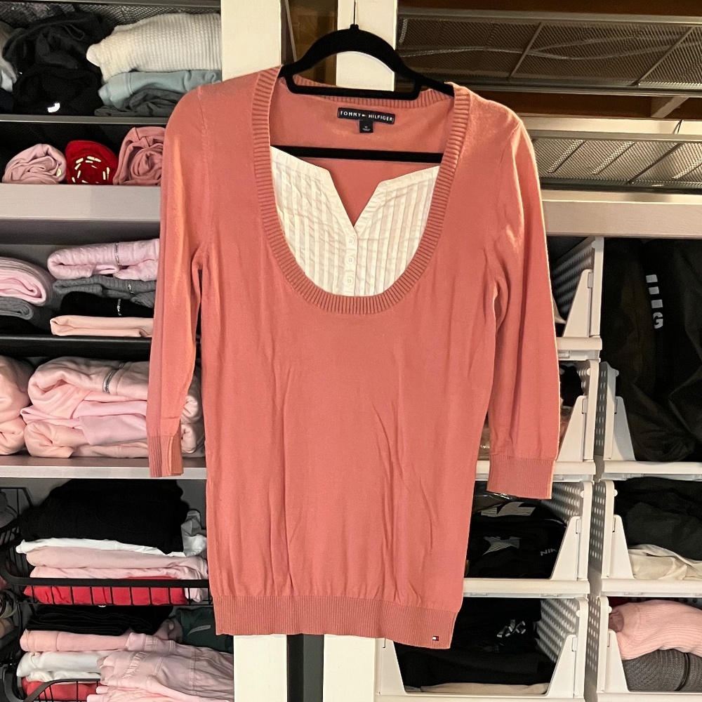 Tommy Hilfiger Pink Sweater With White Mock Button Up/Lightweight